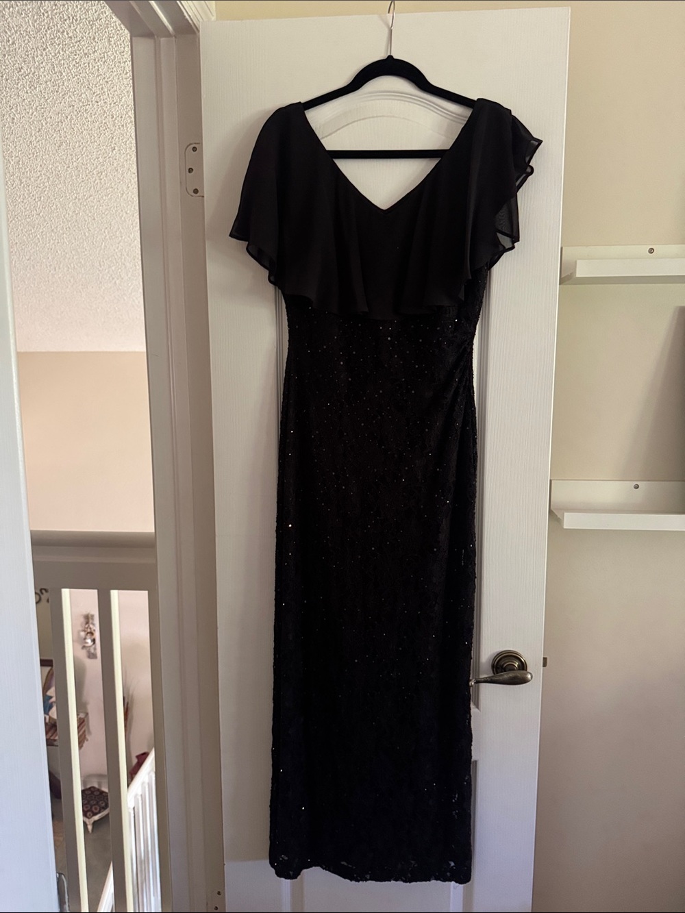 Connected Apparel Elegant Black Evening Gown with Flutter Sleeves,size 6P used